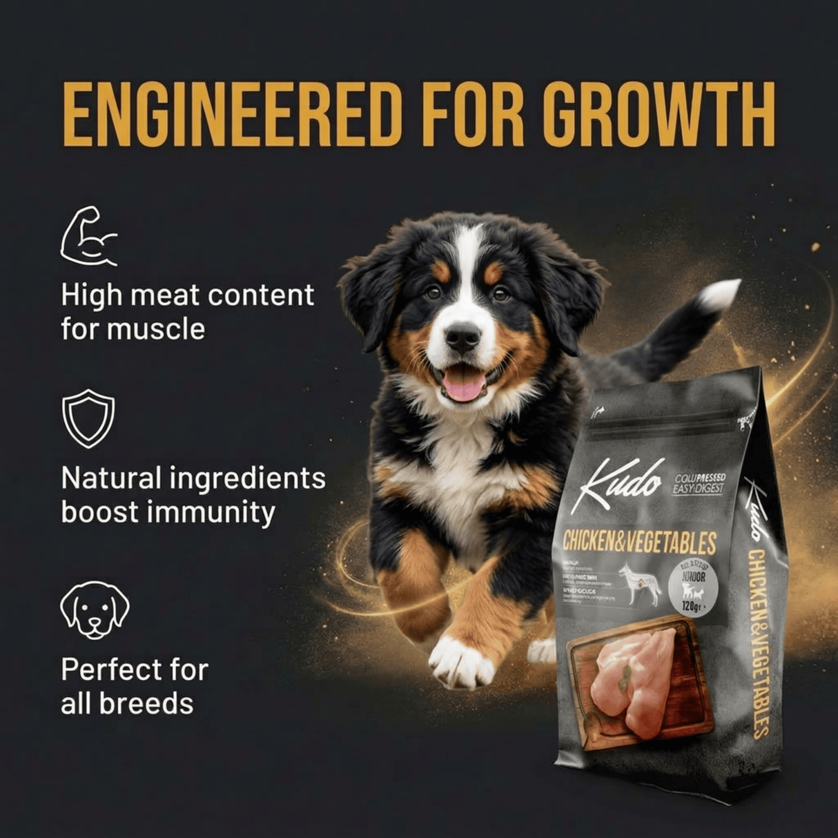 Dog food package with a puppy and text highlighting features on a dark background