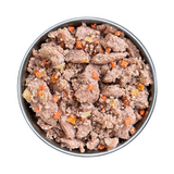 Fidelis pork menu in a metal bowl. Pieces of pork meat and vegetables.