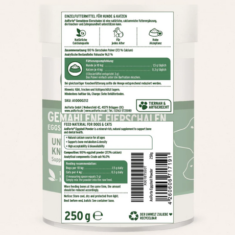 The label from the Aniforte Eggshell powder 250g against a white background