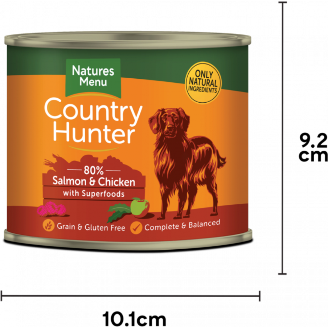 The Country Hunter Salmon & Chicken Dog Food Tin against a white background. The dimensions H9.2cm x W10.1cm is displayed alongside it