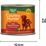 The Country Hunter Salmon & Chicken Dog Food Tin against a white background. The dimensions H9.2cm x W10.1cm is displayed alongside it
