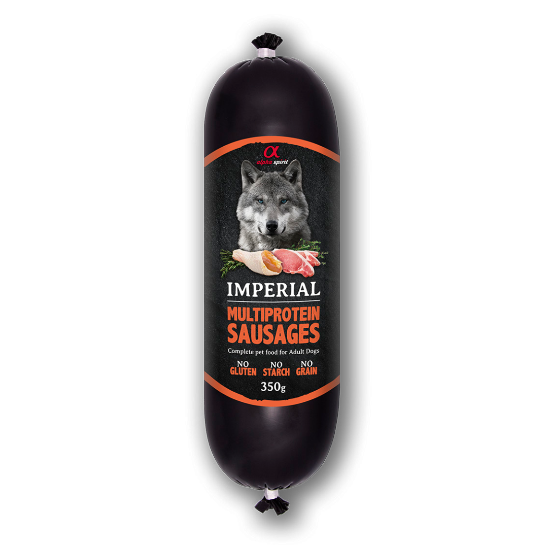 The Alpha Spirit Imperial Multiprotein Sausage 350g against a white background.