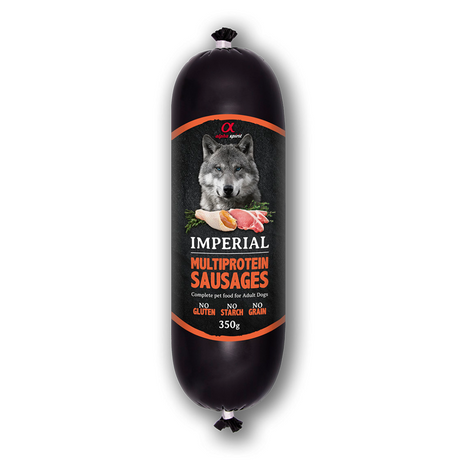 The Alpha Spirit Imperial Multiprotein Sausage 350g against a white background.