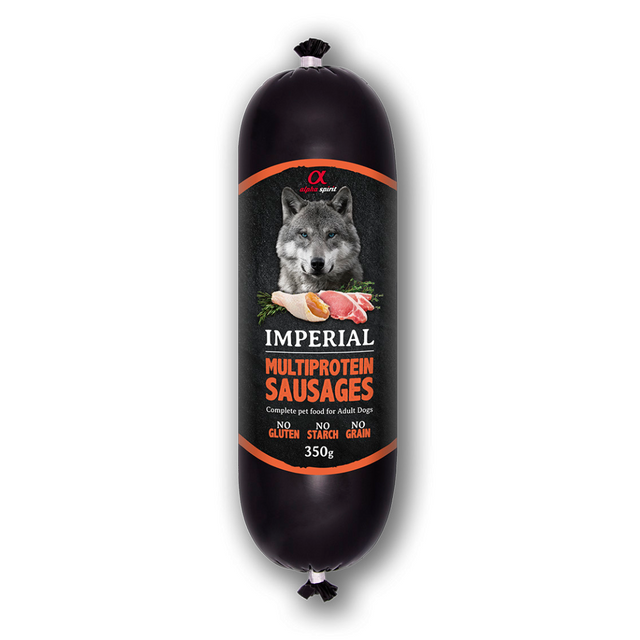 The Alpha Spirit Imperial Multiprotein Sausage 350g against a white background.