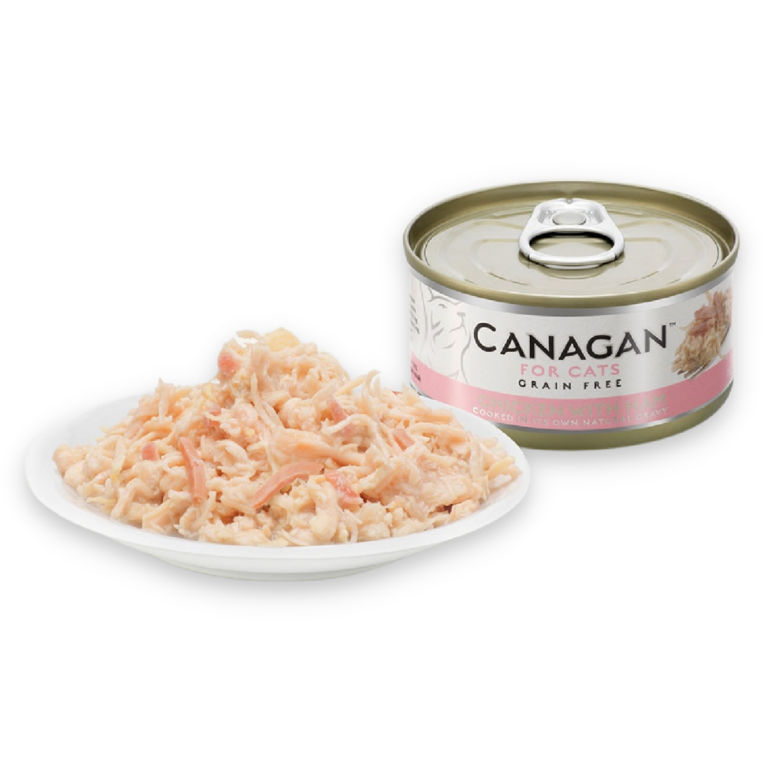 Canagan Chicken with Ham Cat Food Tin 75g. It is served on a plate alongside the tin. Chunky texture.