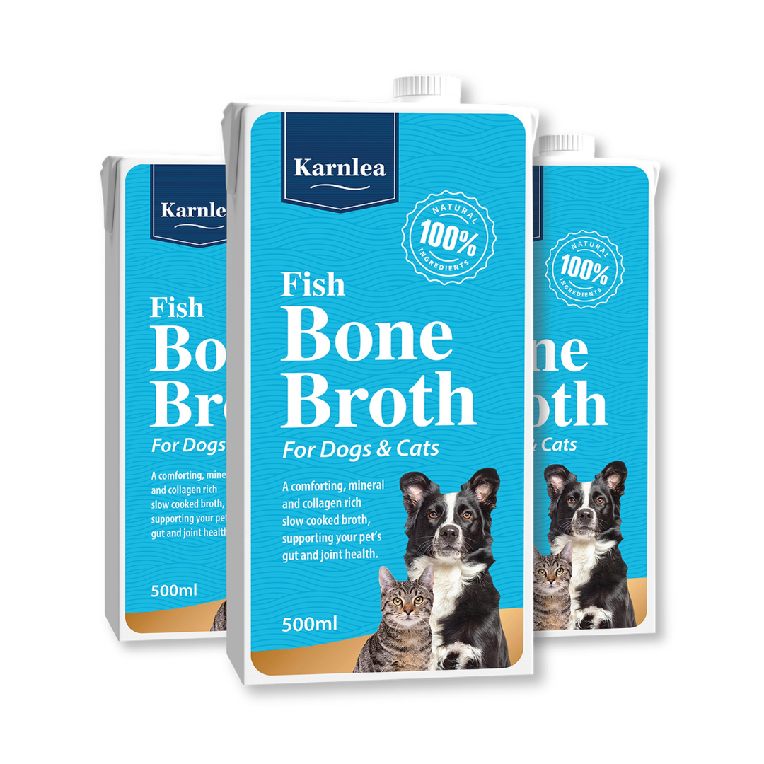 Three bottles of Karnlea Fish Bone Broth for Dogs and Cats