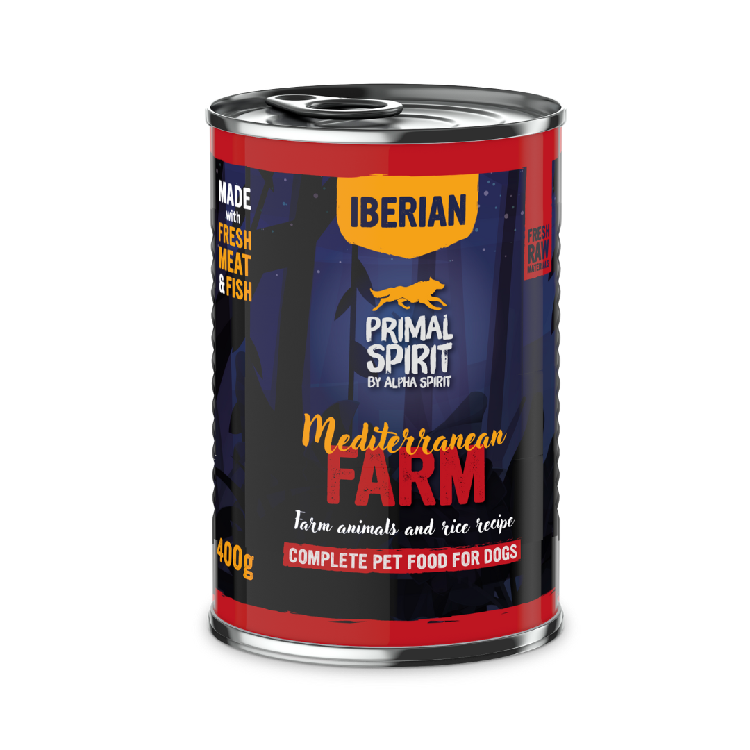 A Primal Spirit Iberian Mediterranean Farm Wet Food Can against a white background