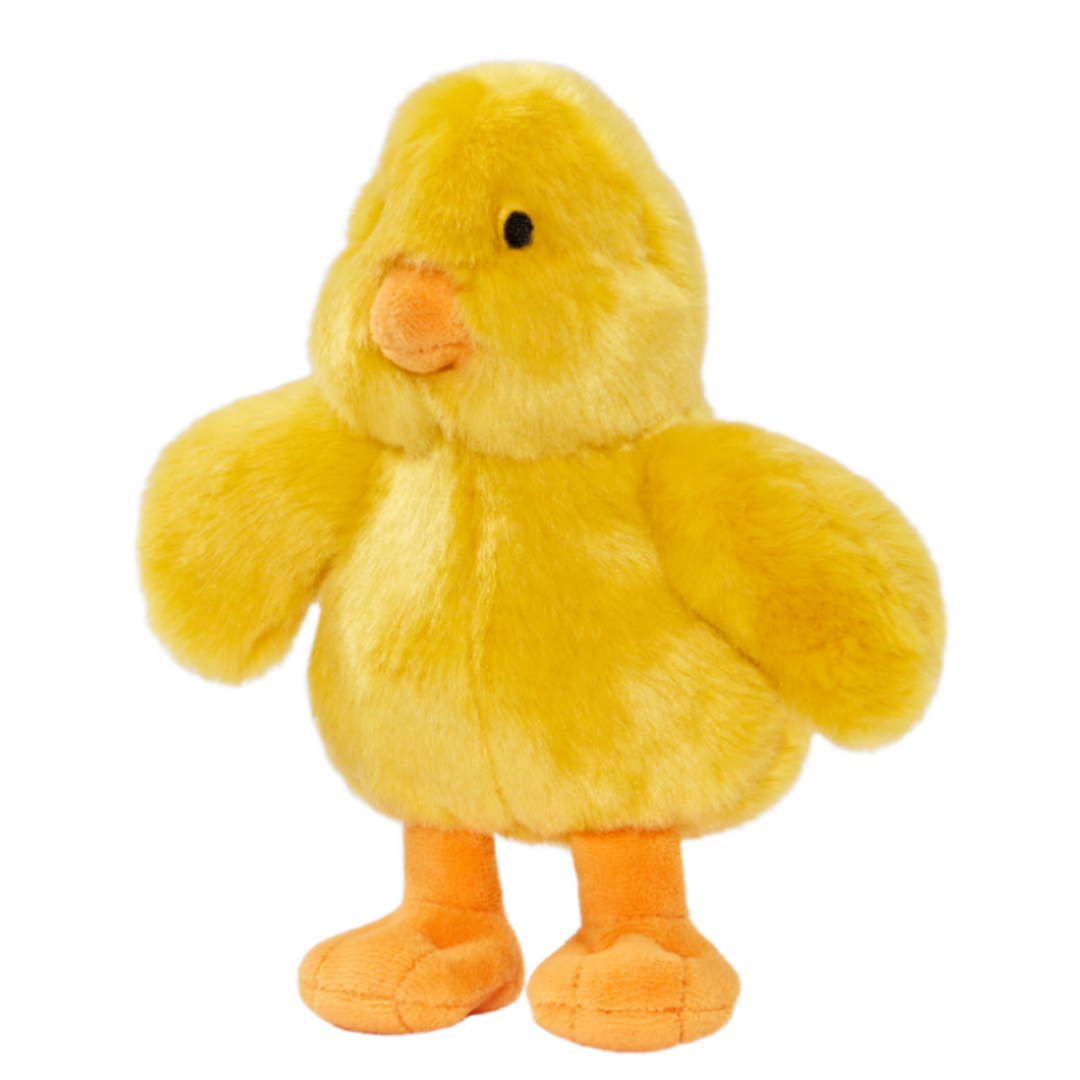 Fluff & Tuff Howie Duck Plush Dog Toy against a white background. Toy is a yellow colour with an orange beak and feet.