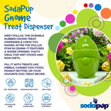 An infographic explaing this product and its features. There is a photo of the SodaPup Gnome Chew and Treat Dispenser beside all the writing