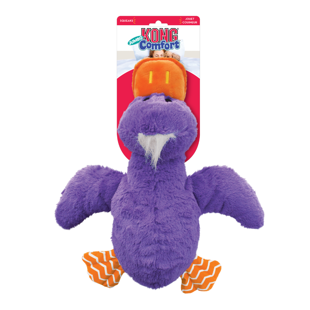 Purple Kong Comfort Jumbo Duck on cardboard display backing
