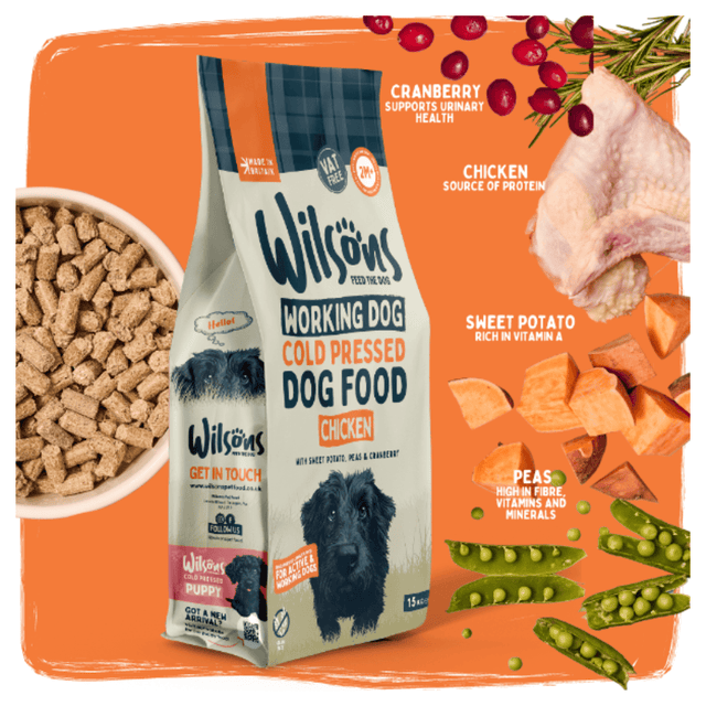 A bag of Wisons Working Dog Cold Pressed Dog Food, Chicken flavor, displayed alongside ingredient callouts for cranberry, chicken, sweet potato, and peas on an orange background.