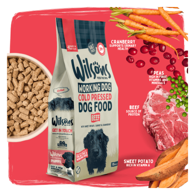 Wilson's Working Dog Cold Pressed Dog Food package with ingredients on a red background