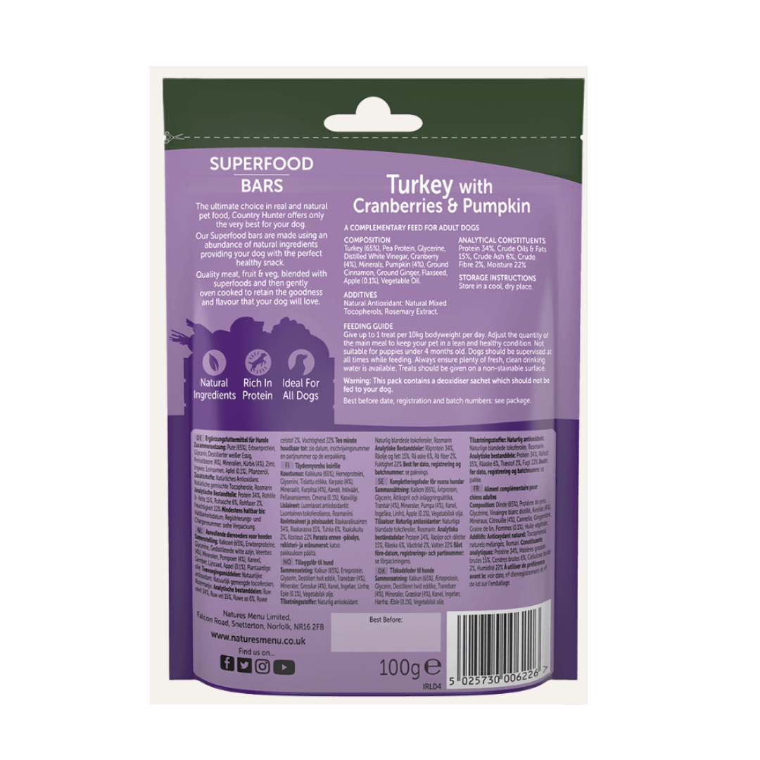 The back of the Country Hunter Turkey Superfood Bars packet. All information is displayed here.