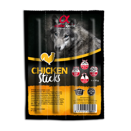 Alpha Spirit Chicken Sticks Dog Treats 4 pack against a white background 