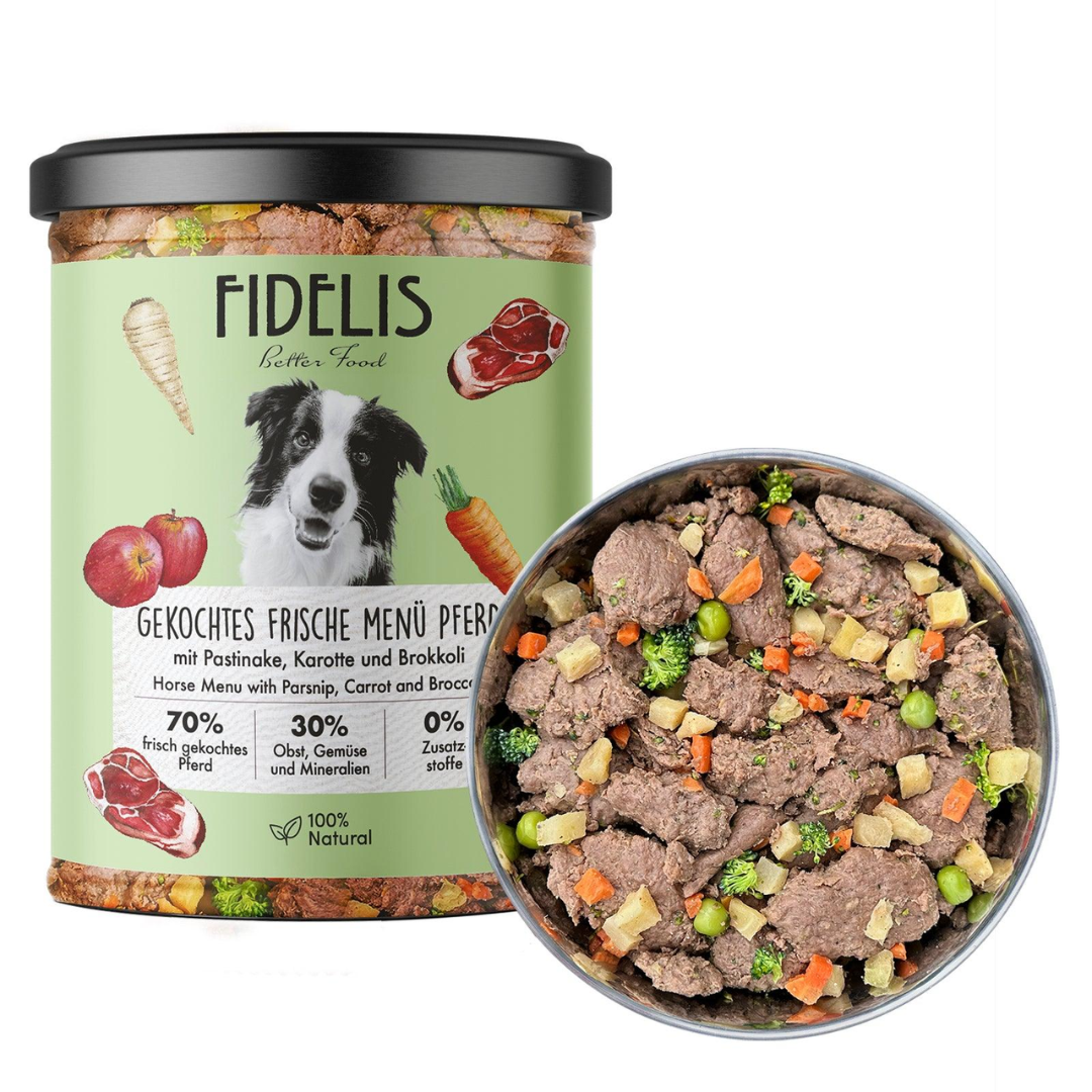 Fidelis Cooked Horse Menu Jar with a metal bowl of the wet food beside it. 