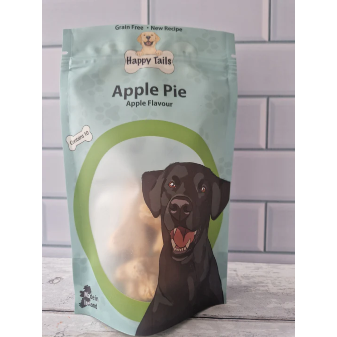 A packet of Happy Tails Barkery Apple Pie Dog Treats on a counter top