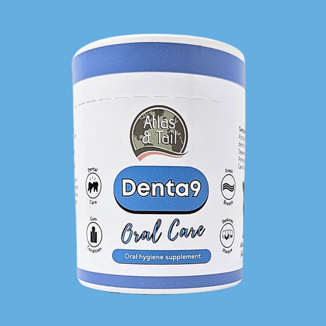 Tub of Atlas and Tail Denta9 Oral Care powder for dogs.