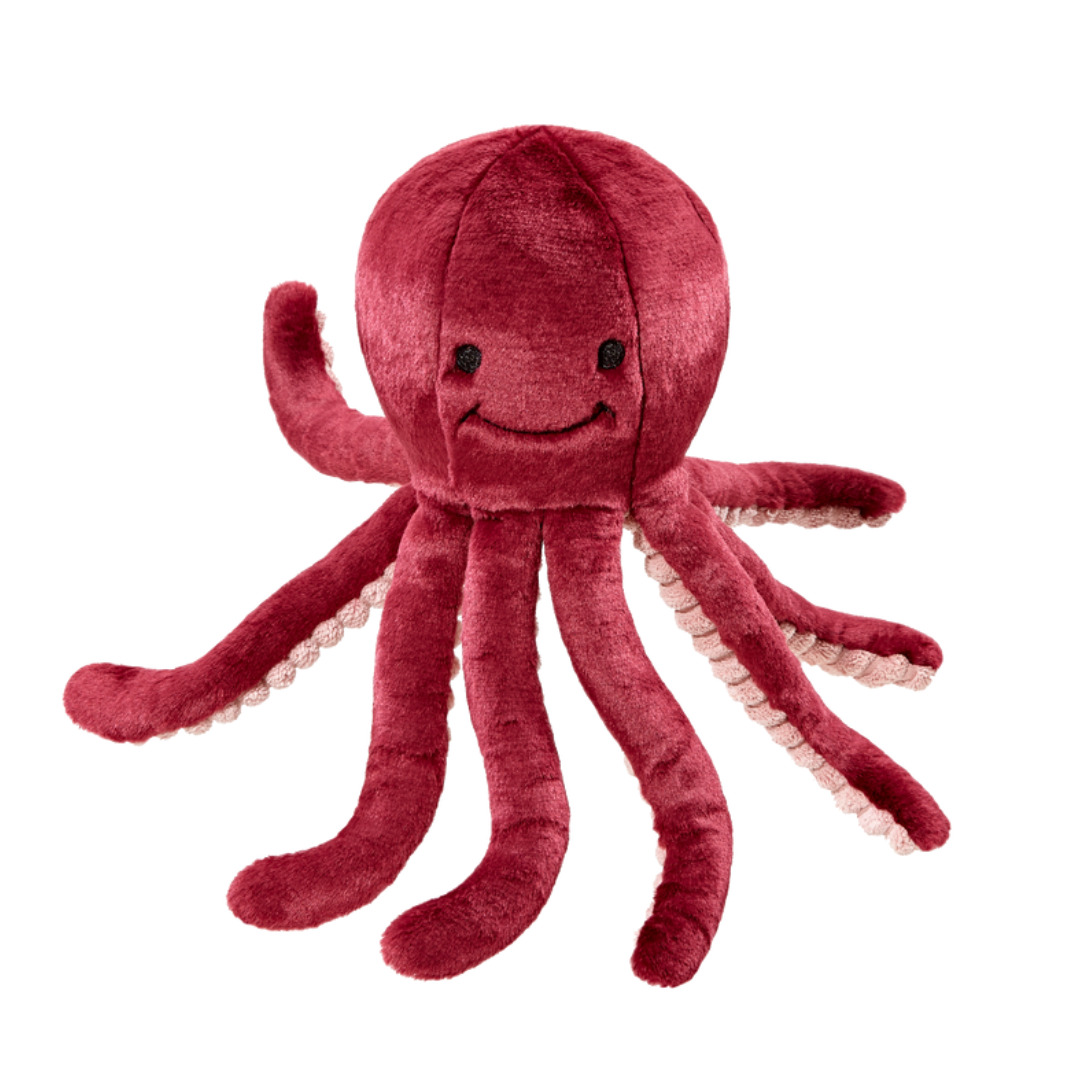 Fluff & Tuff Olympia Octopus Plush Dog Toy against a white background. Toy is a berry colour with a textured beige underside of the tentacles. 