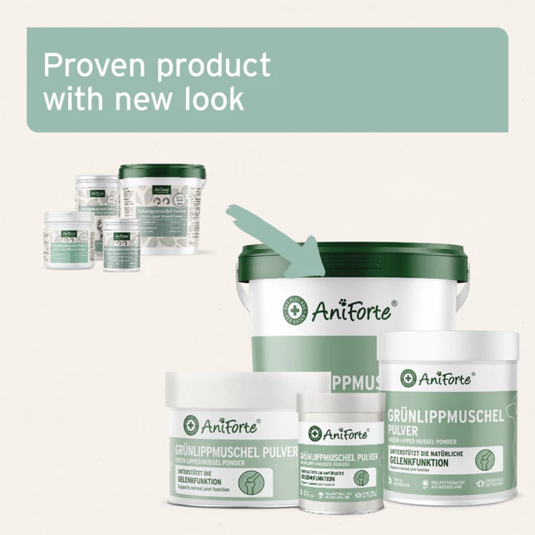 Old and new packaging for the Aniforte Green-Lipped Mussel Powder
