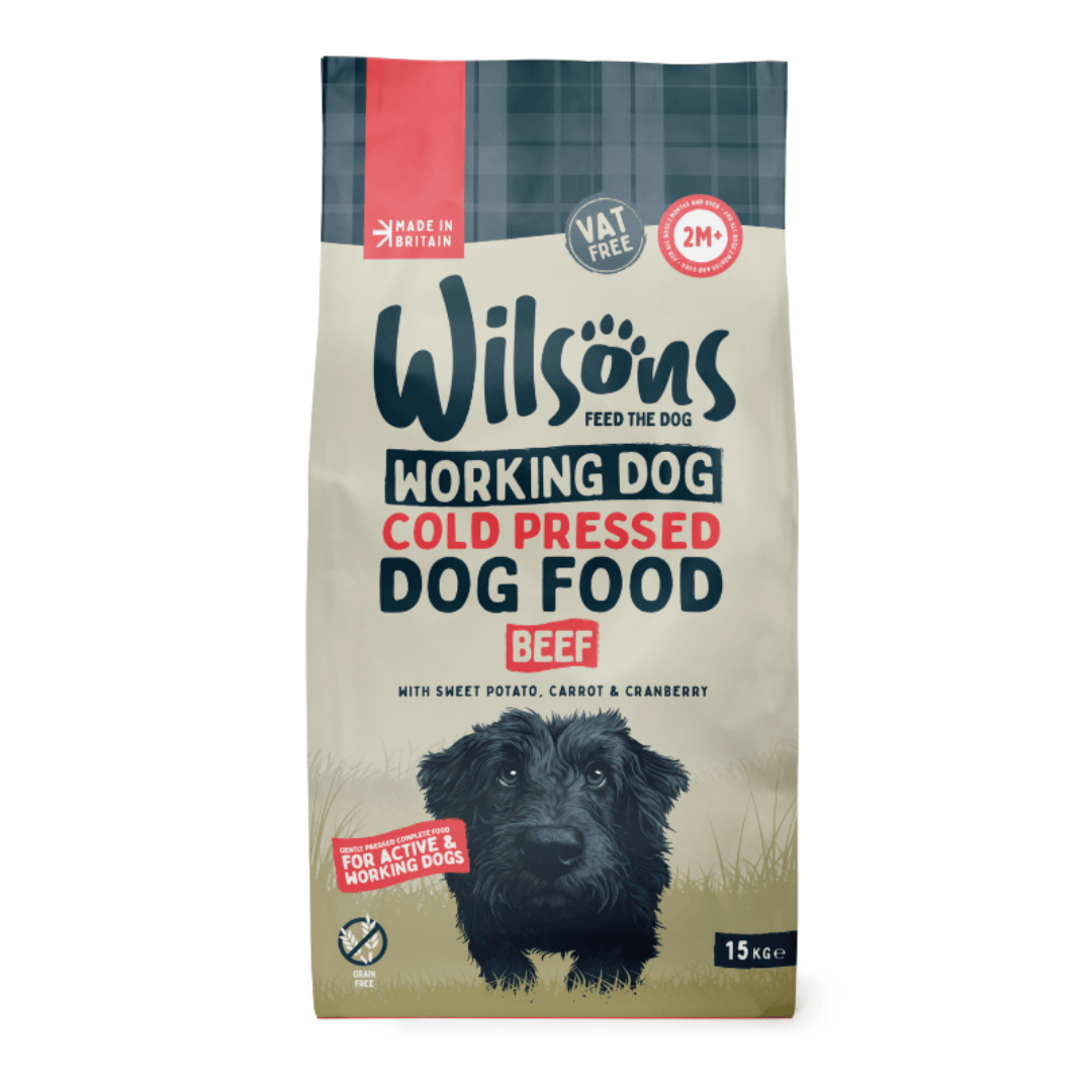 Bag of Wilsons Working Dog Cold Pressed Dog Food with a dog on the label.