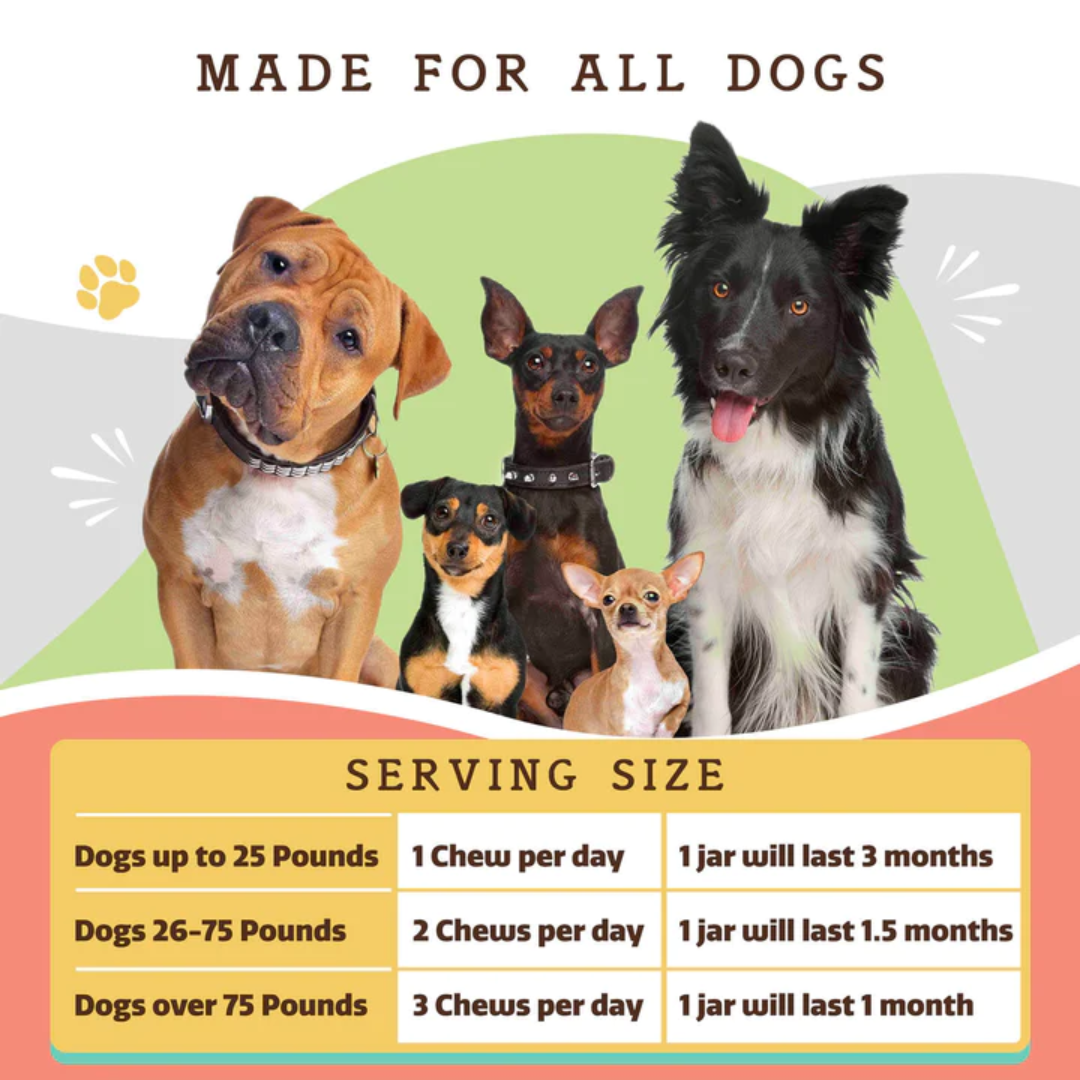 Daily feeding recommendations based on dog's weight. Dogs upto 25 lbs = 1 chew per day. Dogs 26-75 lbs = 2 chews per day. Dogs over 75 lbs = 3 Chews per day.