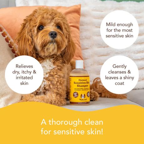 Red dog with the text "A thorough clean for sensitive skin. Relieves dry, itchy and irritated skin. Mild enough for the most sensitive skin. Gently cleanses and leaves a shiny coat."