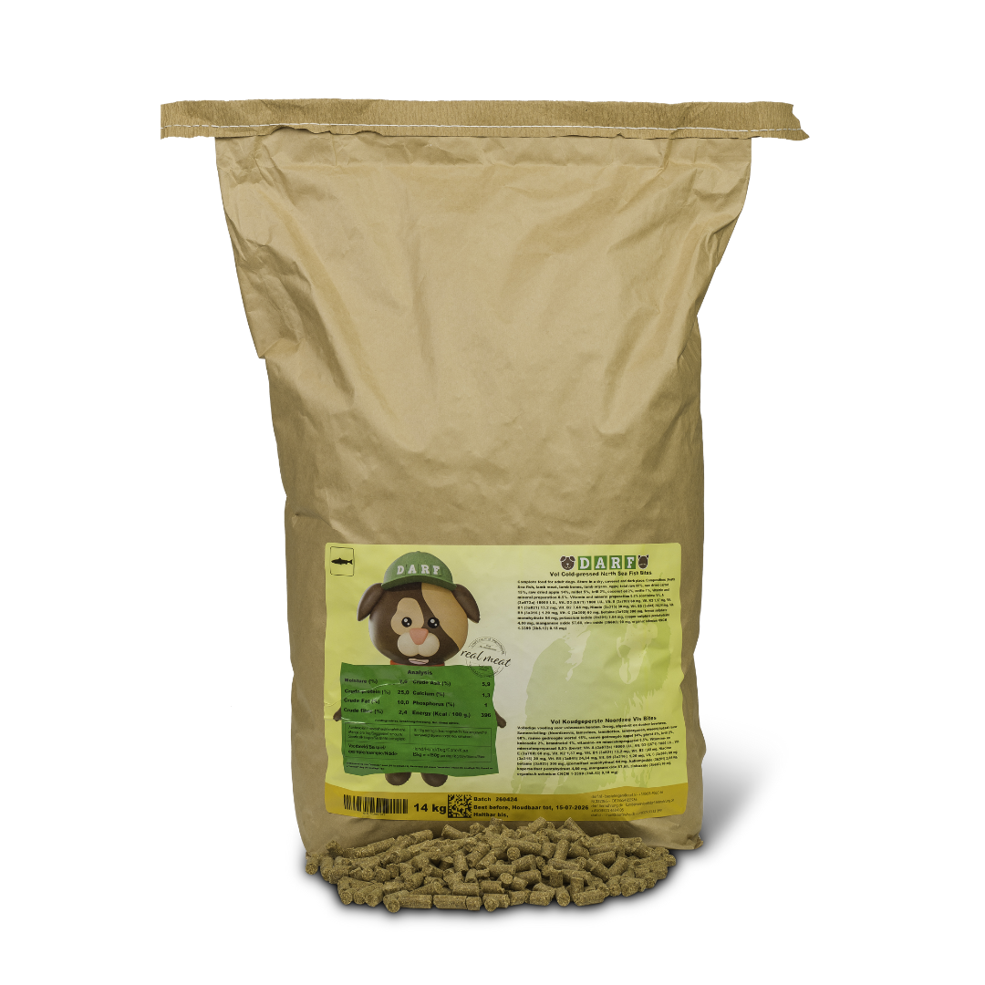 15kg bag of Darf Cold Pressed North Sea Fish Food with the pellets in front of the bag.
