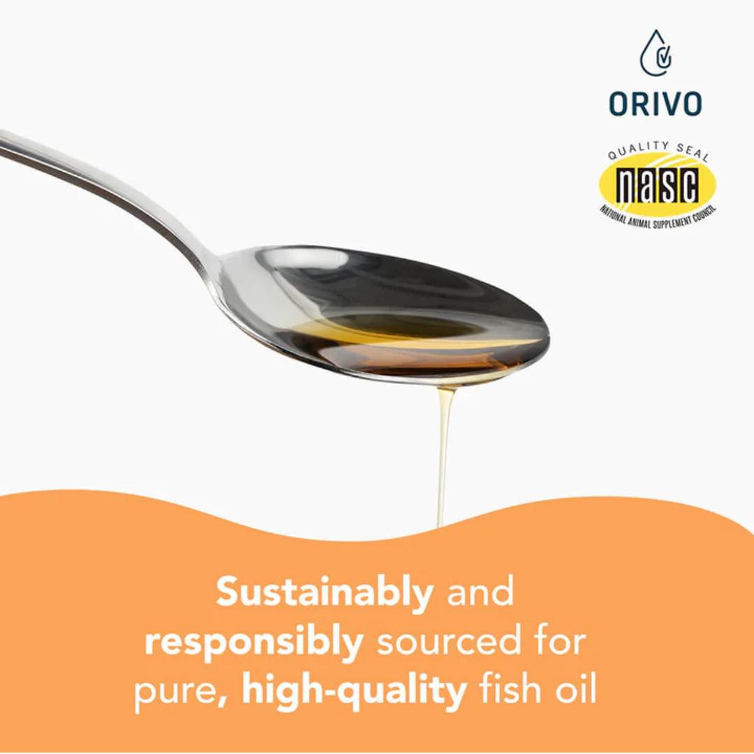 Spoon pouring salmon oil above text saying "Sustainably and  responsibly sourced for pure, high quality fish oil".