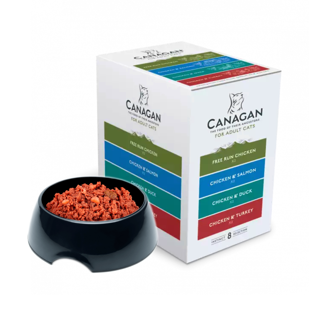 Canagan Cat Food Pouches Multipack - Instinct Selection. An example of one of the pouches served in a bowl alongside the box. A chunky mince like texture.
