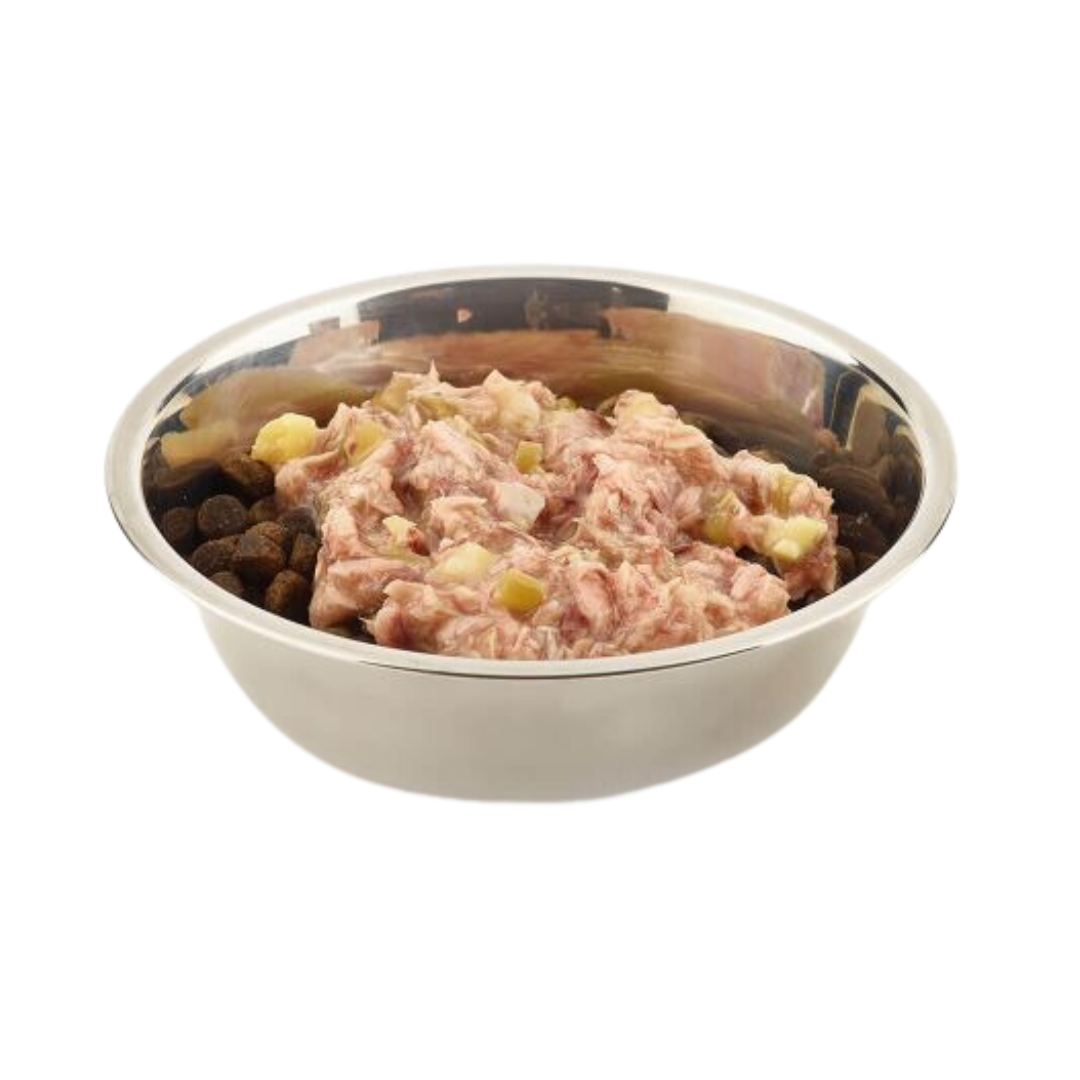 Stainless steel bowl of Fish 4 Dogs Finest Tuna with Sweet Potato and Green Bean Complimentary wet dog food.