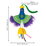 Kong Connects Peacock Cat Toy against a white background. Ribbon length equals 8" the height, 10.5" and the width 6.5".