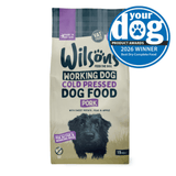 Bag of Wilson's Working Dog Cold Pressed Dog Food with a dog on the packaging and an award badge.