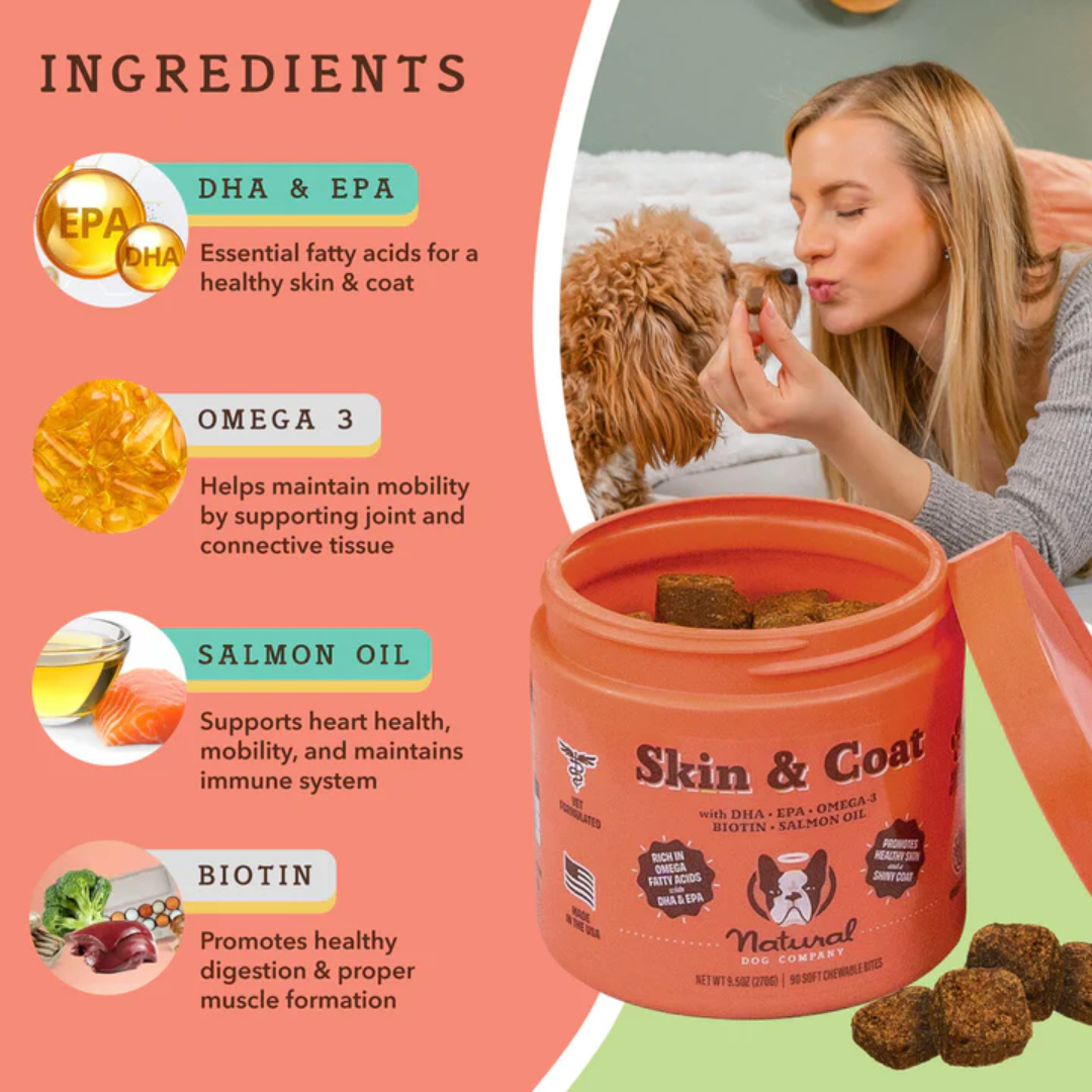 Ingredients in Natural Dog Company Skin and Coat chews include DHA & EPA, Omega 3, Salmon Oil and Biotin.
