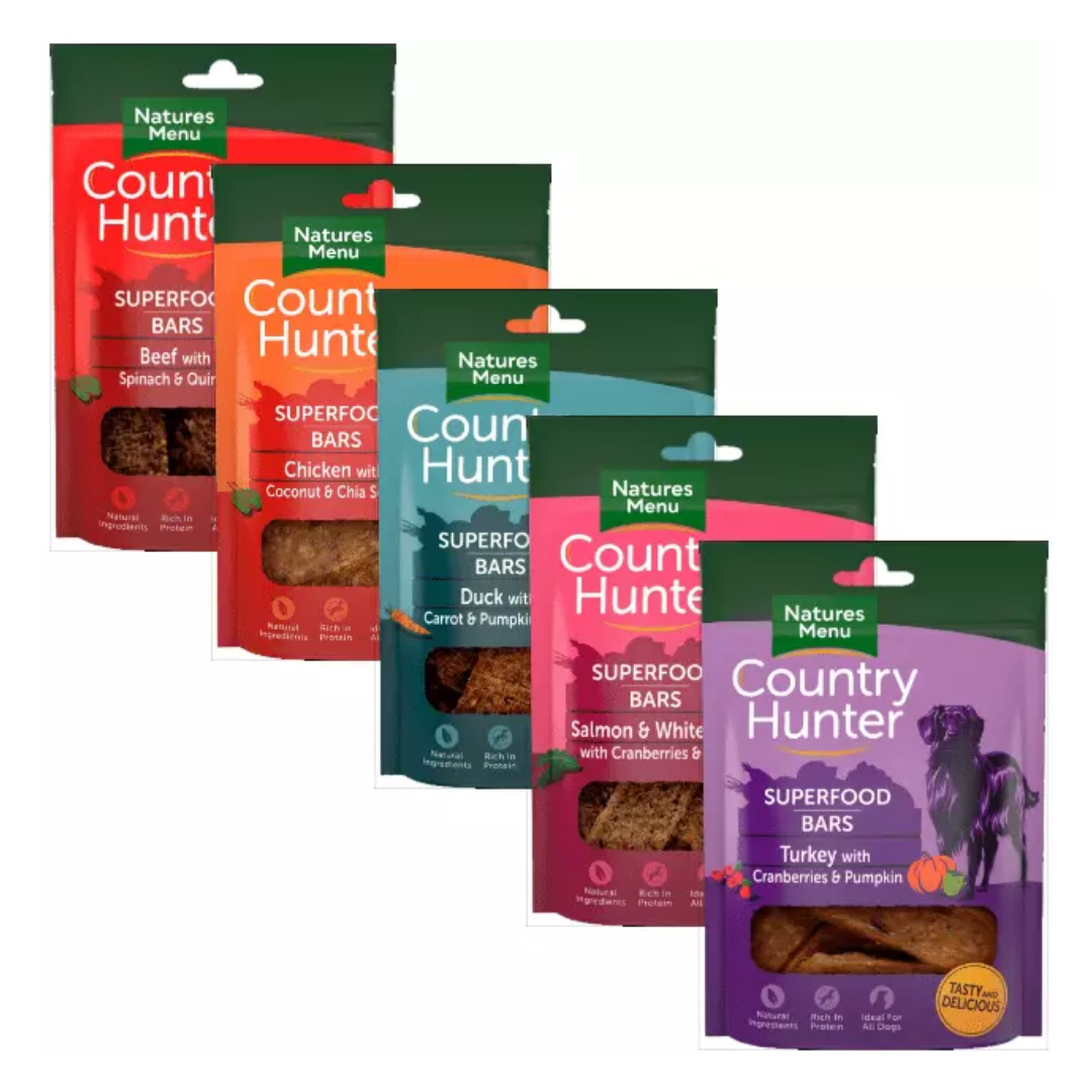 The Country Hunter Superfood bar range, front to back, Turkey, Salmon & White Fish, Duck, Chicken and, Beef.