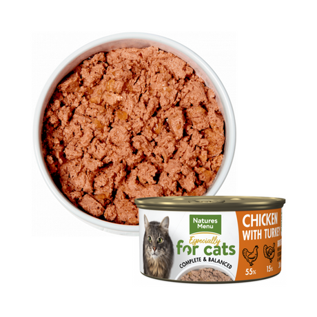 Tin and bowl of Natures Menu Chicken with Turkey wet cat food.