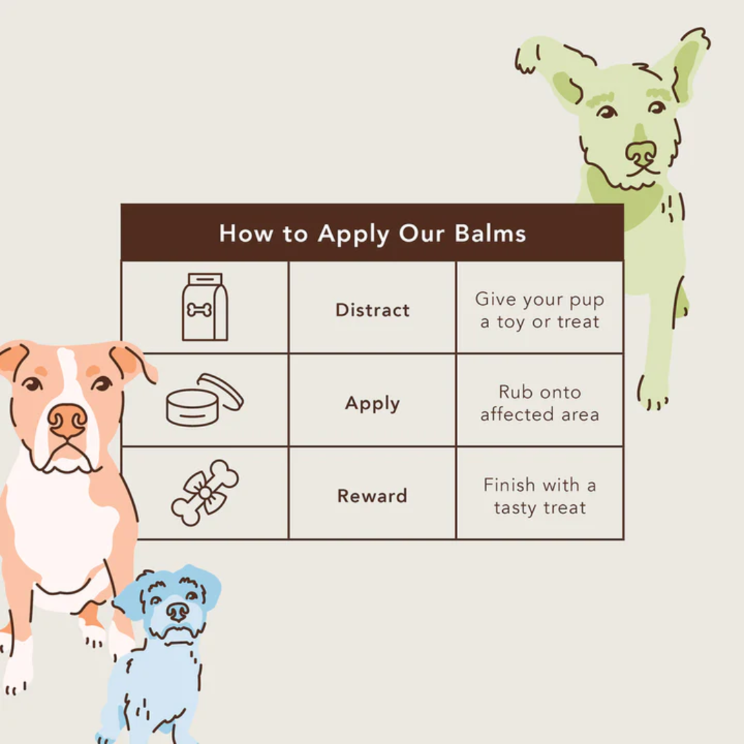 How to apply our balms: Distract, give your pup a toy or treat. Apply, rub onto the affected area. Reward, finish with a tasty treat.