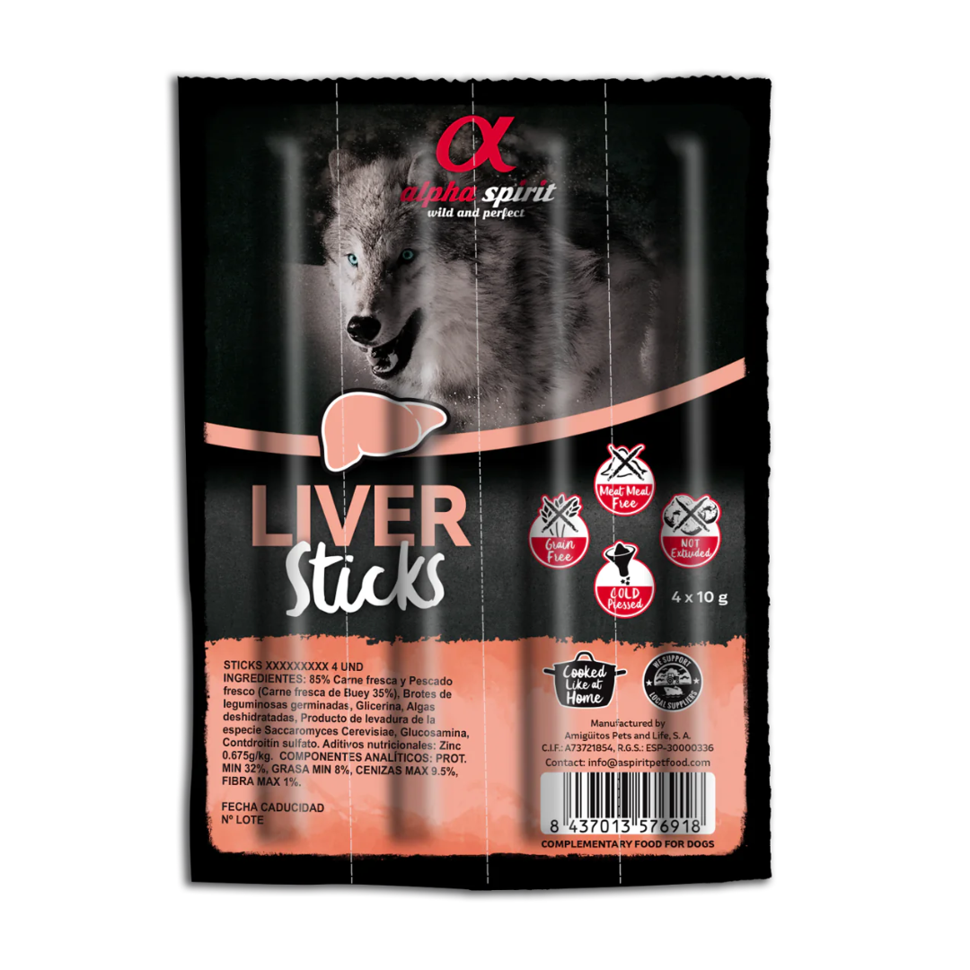 Alpha Spirit Liver Sticks Dog Treats 4 pack against a white background 