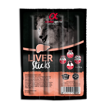 Alpha Spirit Liver Sticks Dog Treats 4 pack against a white background 