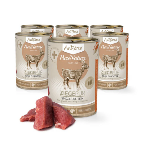 Six tins of AniForte Pure Natural Pure Goat wet dog food with three pieces of goat meat in the foreground.
