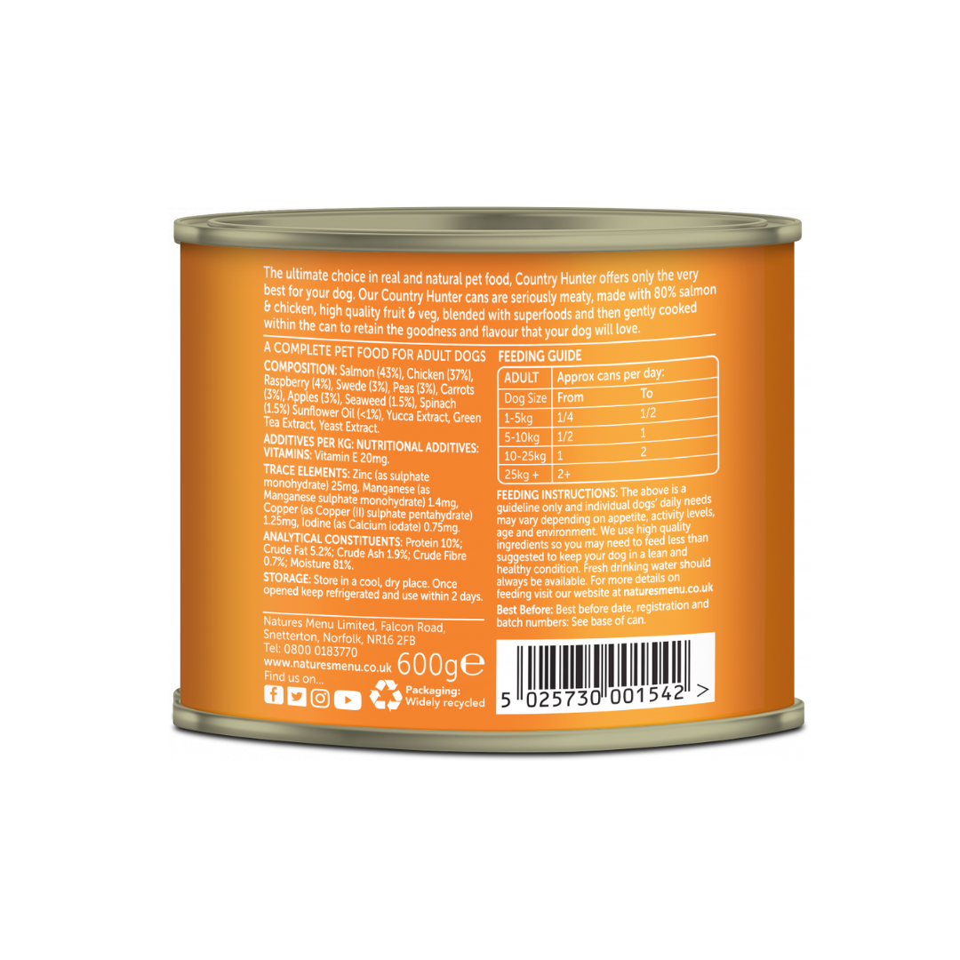 The back of the Country Hunter Salmon & Chicken Dog Food Tin 600g packaging. All Information is displayed here.