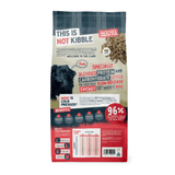 Dog food package with text and a dog illustration on a white background
