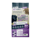 Dog food package with text and a dog illustration on a white background
