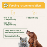 The feeding guidelines of the Aniforte Psyllium Husks. Also how to serve - soak and allow to swell before use.