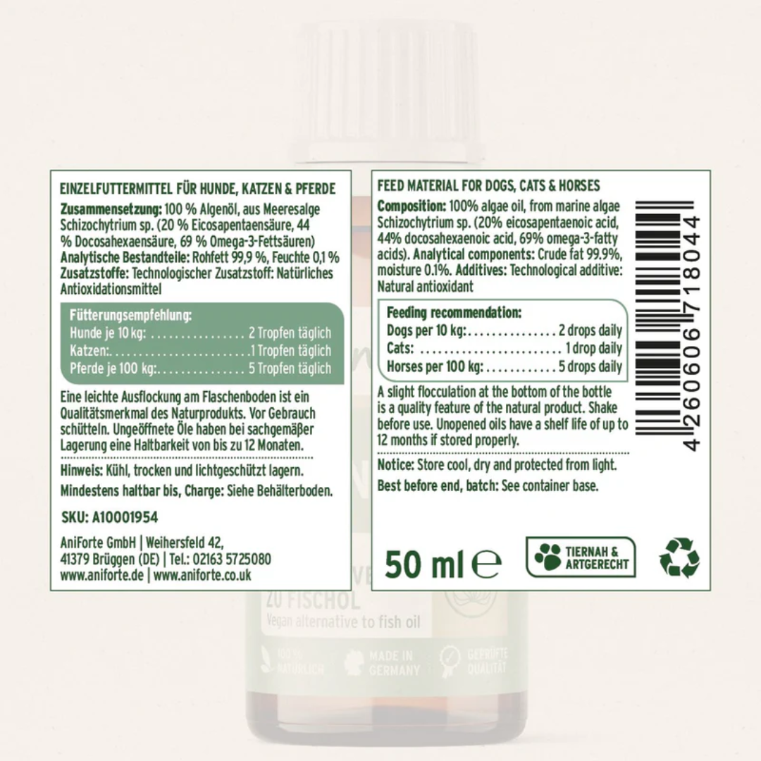The label for Aniforte Algae Oil 50ml 