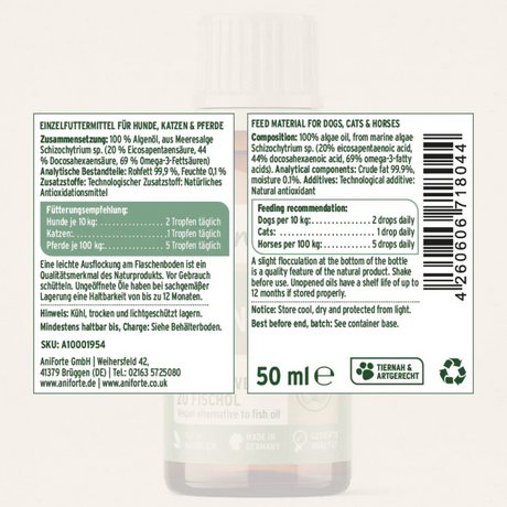 The label for Aniforte Algae Oil 50ml 