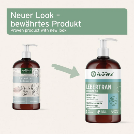 The old and new packaging for the Aniforte cod liver oil. Proven products  with new look
