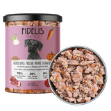 Fidelis Cooked Menu Pork Jar and a metal bowl filled with the product beside it. All against a white background.