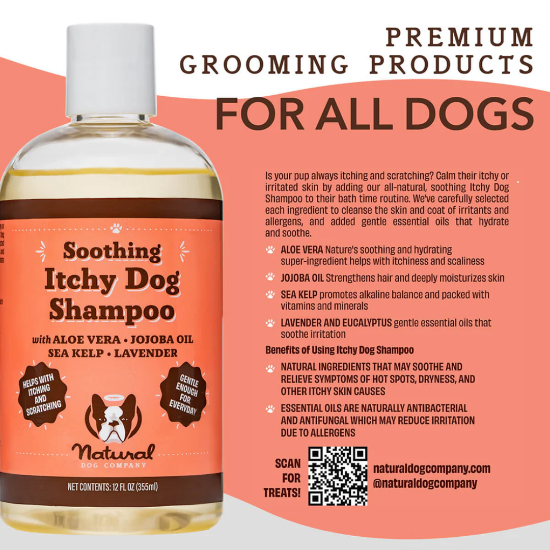 An infographic of all you need to know about the Natural Dog Company Itchy Dog Shampoo. 