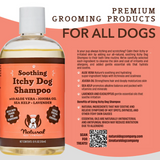 An infographic of all you need to know about the Natural Dog Company Itchy Dog Shampoo. 