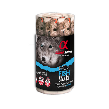 Alpha Spirit Fish Sticks Dog Treats 16  pack against a white background